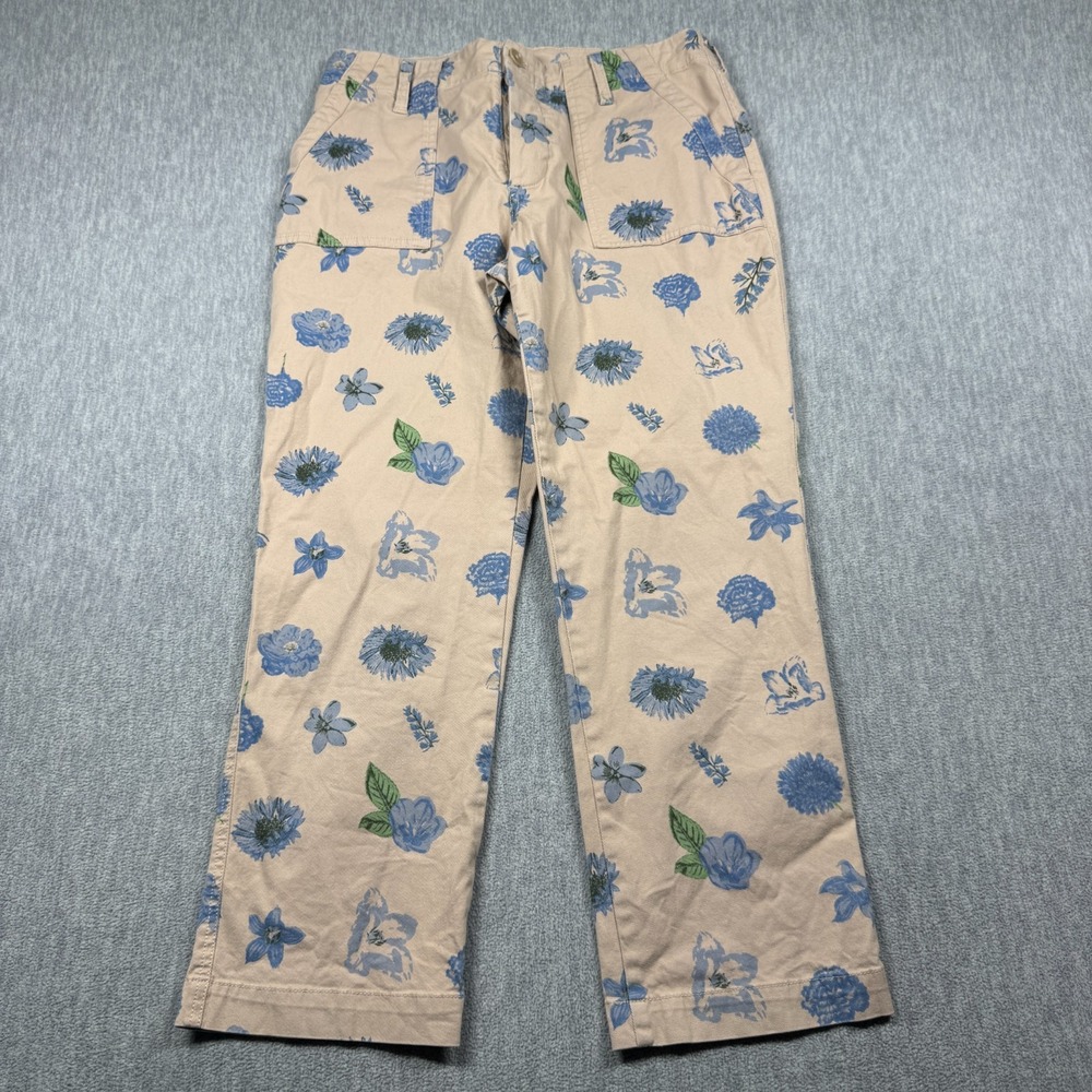 Lucky Brand Pants Womens 28 Beige Blue Floral Print Button Fly Crop Straight